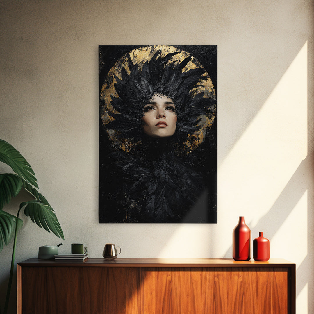 Raven Feathers Arranged Like a Halo Framed Canvas Print, Gothic Art, Art Prints, Living Room Decor, Fine Art, Gothic, GOT-2x3-78