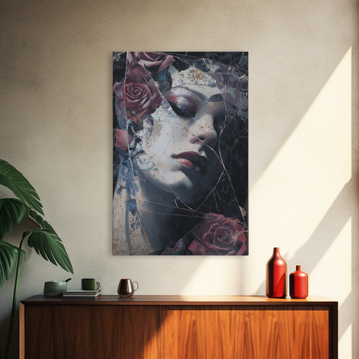 Cracked Mirror Reflecting Moon and Roses Canvas Print, Gothic Art, Poster, Living Room Decor, Fine Art, Gothic, Witchy Decor, GOT-2x3-79
