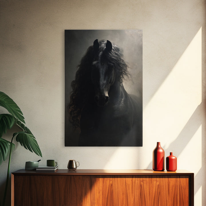Black Horse with Flowing Mane in Fog Framed Canvas Print, Gothic Art, Art Nouveau, Living Room Decor, Fine Art, Gothic, GOT-2x3-97