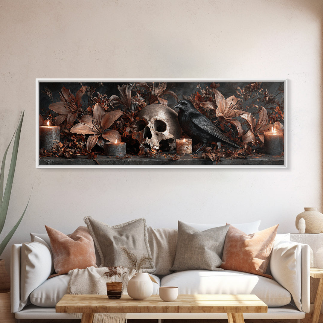 Skull Surrounded by Lilies and Candles Canvas Print, Gothic Art, Gothic Wall Art, Living Room Decor, Fine Art, Gothic, GOT-3x1-21