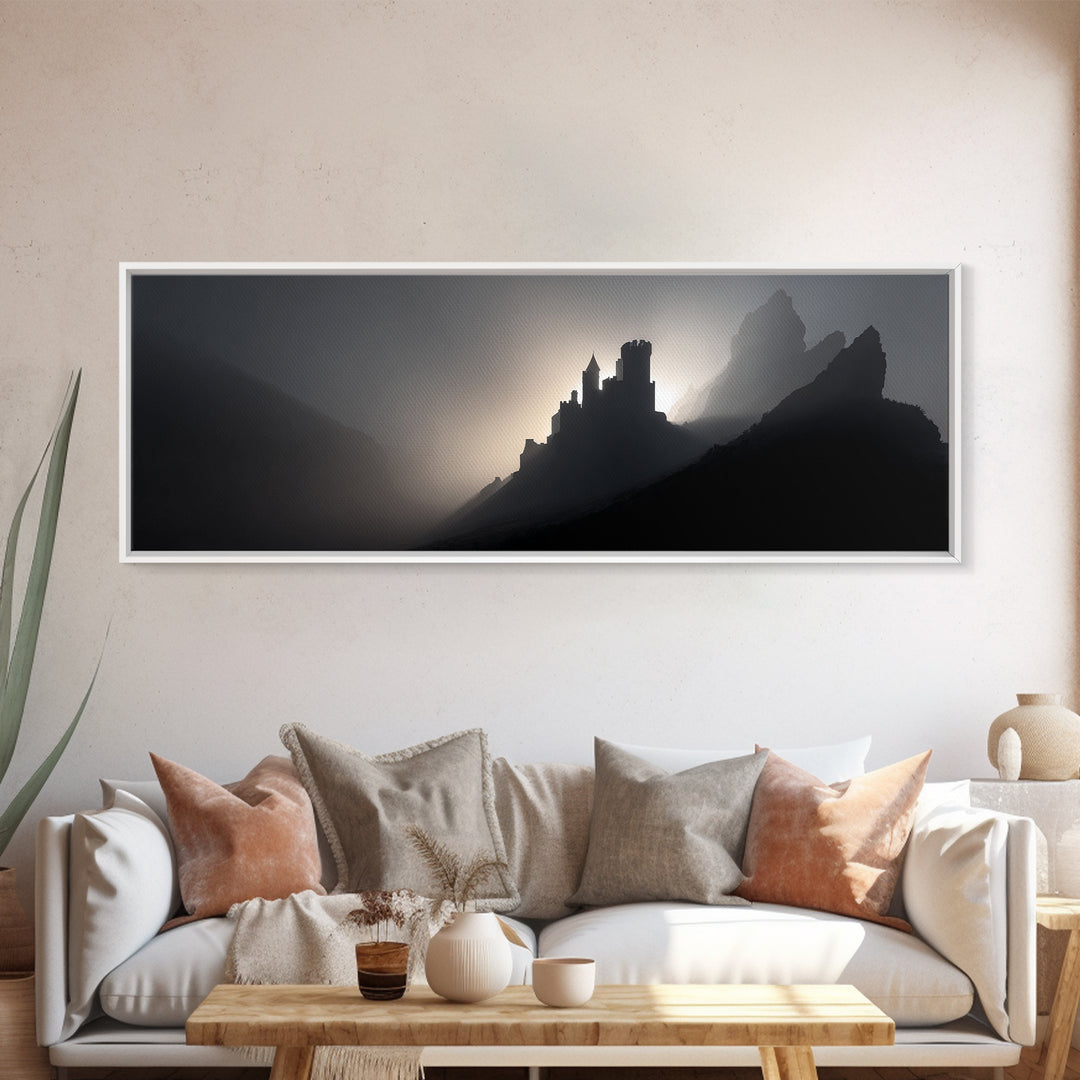 Stormy Castle Silhouette on Jagged Cliffs Canvas Print, Gothic Art, Boho Decor, Living Room Decor, Abstract Art, Gothic, GOT-3x1-22