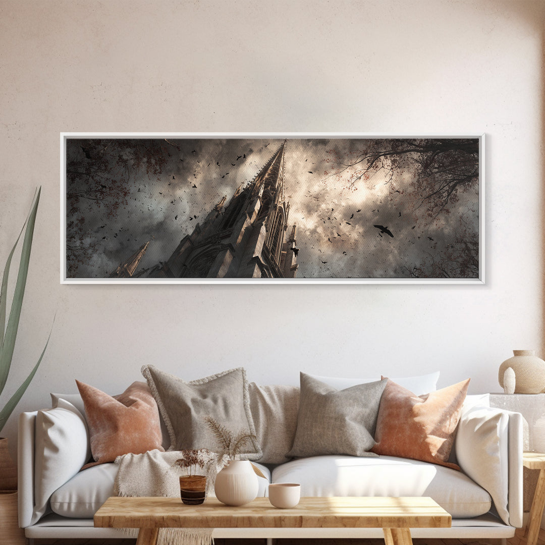 Cathedral Spire Beneath Lightning Clouds Canvas Print, Gothic Art, Wall Art, Living Room Decor, Gothic, Canvas Tote Bag, GOT-3x1-30