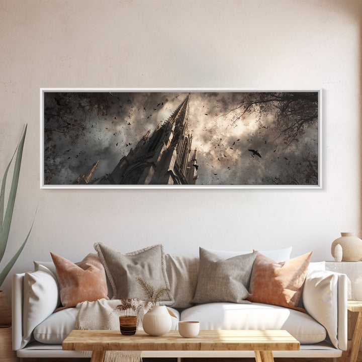 Cathedral Spire Beneath Lightning Clouds Canvas Print, Gothic Art, Wall Art, Living Room Decor, Gothic, Canvas Tote Bag, GOT-3x1-30