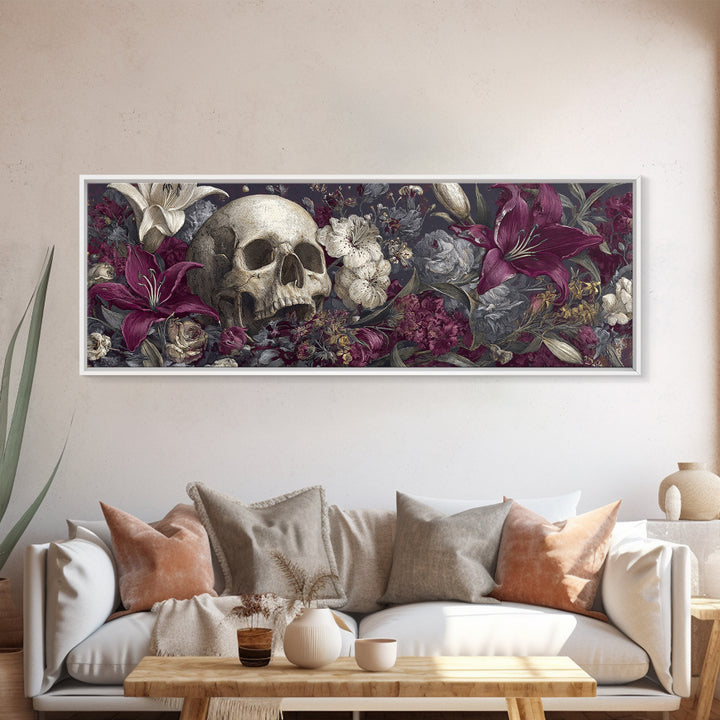 Skull Surrounded by Lilies and Candles Canvas Print, Gothic Art, Gothic Wall Art, Living Room Decor, Fine Art, Gothic, GOT-3x1-45