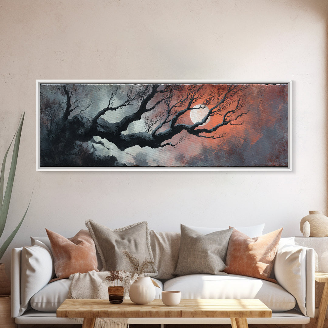 Silver Moon over Twisted Black Trees Canvas Print, Gothic Art, Moody Wall Art, Living Room Decor, Abstract Art, Gothic, GOT-3x1-49