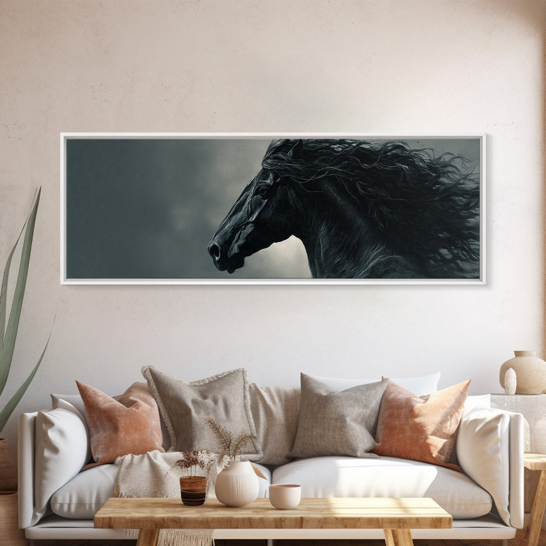 Black Horse with Flowing Mane in Fog Framed Canvas Print, Gothic Art, Gothic Decor, Living Room Decor, Fine Art, Gothic, GOT-3x1-9