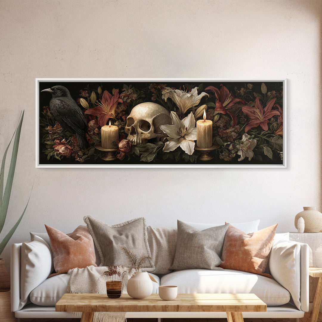 Skull Surrounded by Lilies and Candles Canvas Print, Gothic Art, Witchy Home Decor, Living Room Decor, Fine Art, Gothic, GOT-3x1-93