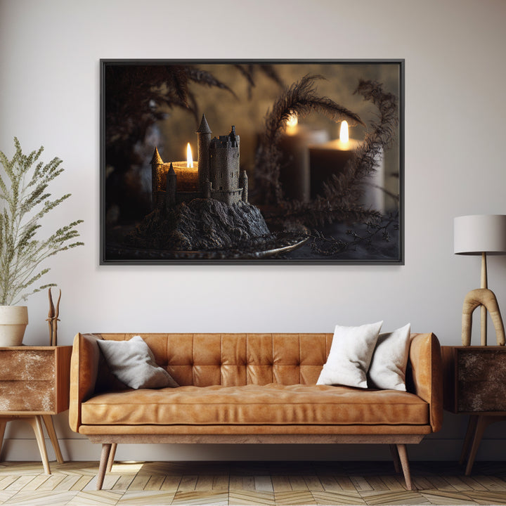 Stormy Castle Silhouette on Jagged Cliffs Framed Canvas Print, Gothic Art, Art Nouveau, Living Room Decor, Fine Art, Gothic, GOT-3x2-10