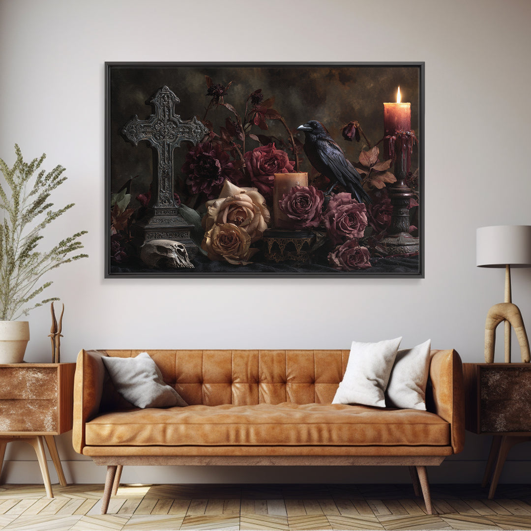 Ornate Cross and Roses Dramatic Still Life Framed Canvas Print, Gothic Art, Printable Art, Living Room Decor, Fine Art, Gothic, GOT-3x2-24