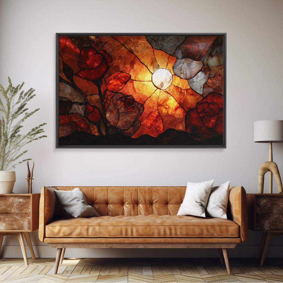 Cracked Mirror Reflecting Moon and Roses Framed Canvas Print, Gothic Art, Moody Wall Art, Living Room Decor, Fine Art, Gothic, GOT-3x2-27