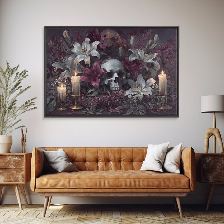 Skull Surrounded by Lilies and Candles Canvas Print, Gothic Art, Halloween Art, Living Room Decor, Gothic, Neutral Decor, GOT-3x2-33