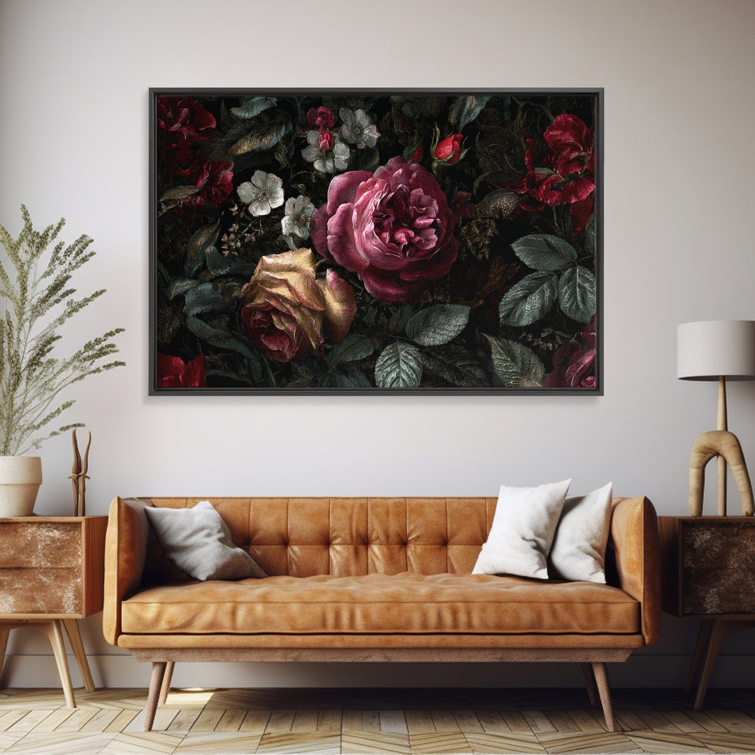 Dark Floral Wallpaper Pattern Framed Canvas Print, Gothic Art, Canvas Painting, Living Room Decor, Gothic, Fine Art Print, GOT-3x2-41