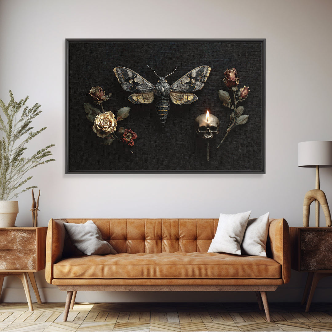 Moth and Skull Composition on Black Velvet Canvas Print, Gothic Art, Black and White Art, Living Room Decor, Abstract Art, GOT-3x2-43