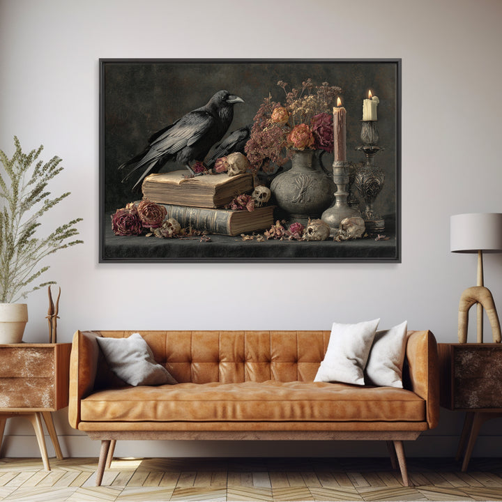 Candlelit Book and Dried Flowers Still Life Framed Canvas Print, Gothic Art, Witchy Decor, Living Room Decor, Fine Art, Gothic, GOT-3x2-46