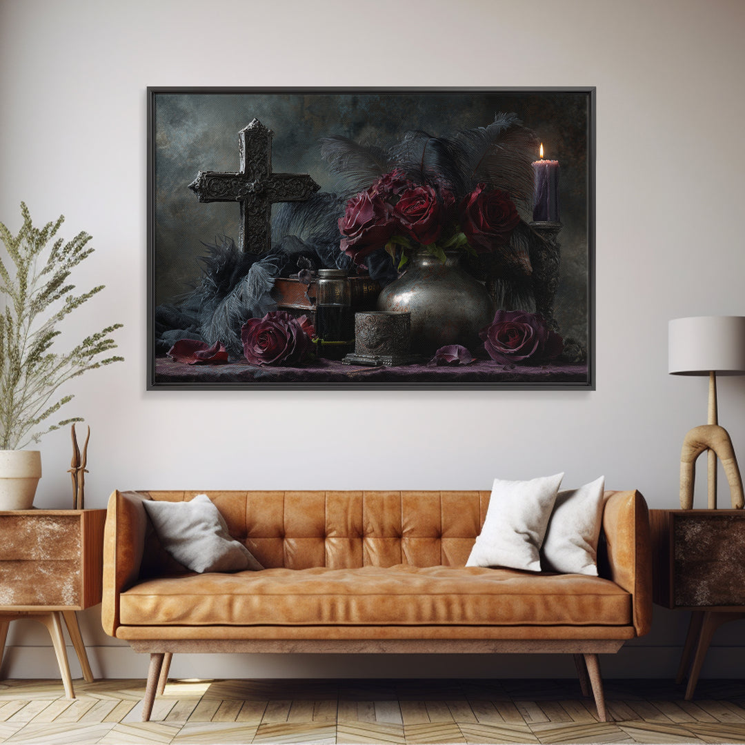 Ornate Cross and Roses Dramatic Still Life Canvas Print, Gothic Art, Living Room Decor, Fine Art, Gothic, Modern Decor, GOT-3x2-48