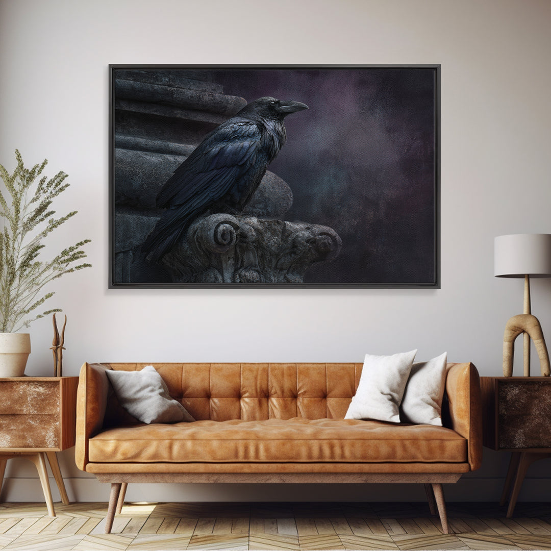 Raven on a Cathedral Gargoyle Framed Canvas Print, Gothic Art, Moody Wall Art, Living Room Decor, Fine Art, Gothic, Wall Decor, GOT-3x2-5