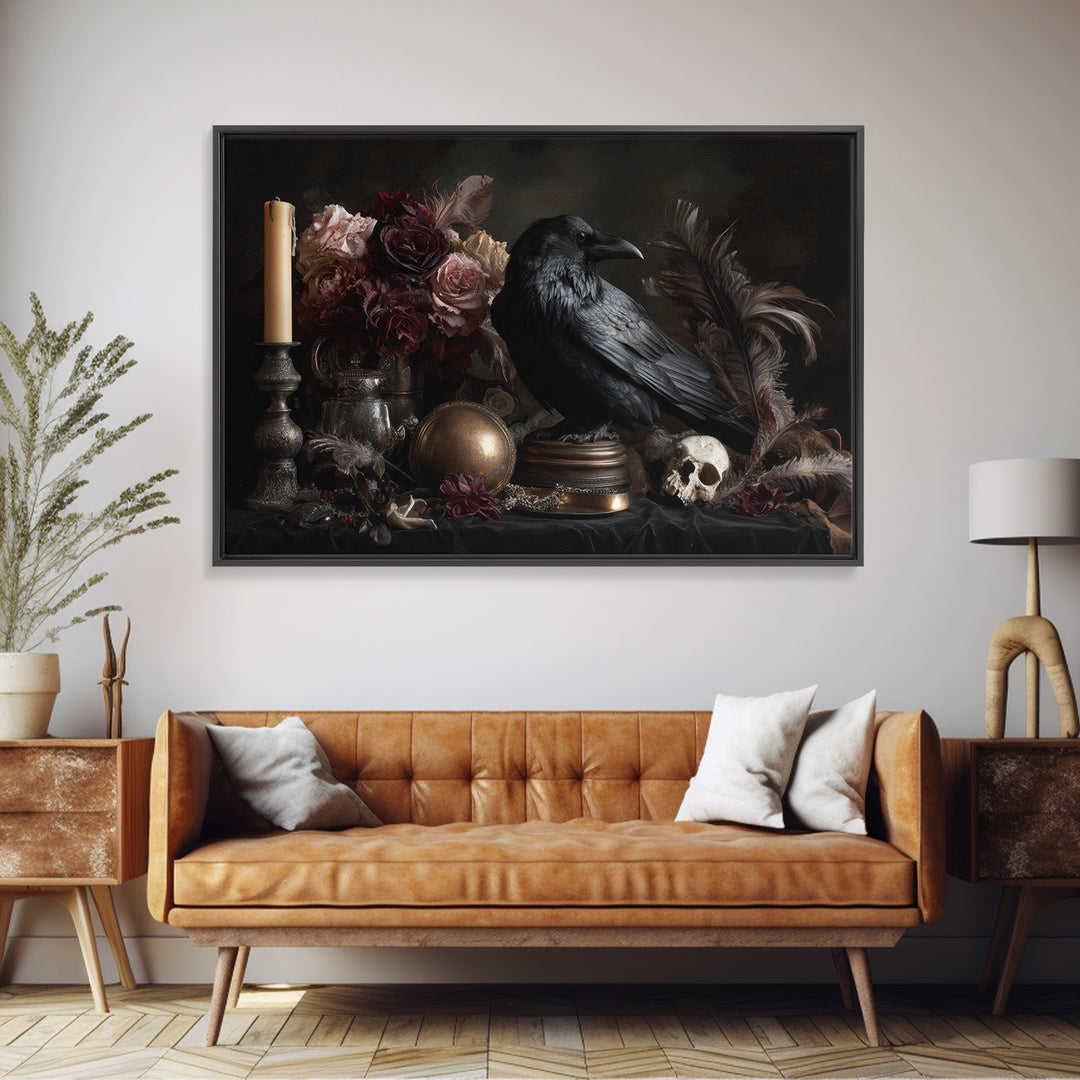 Raven Feathers Arranged Like a Halo Framed Canvas Print, Gothic Art, Printable Art, Living Room Decor, Oil Painting, Gothic, GOT-3x2-50