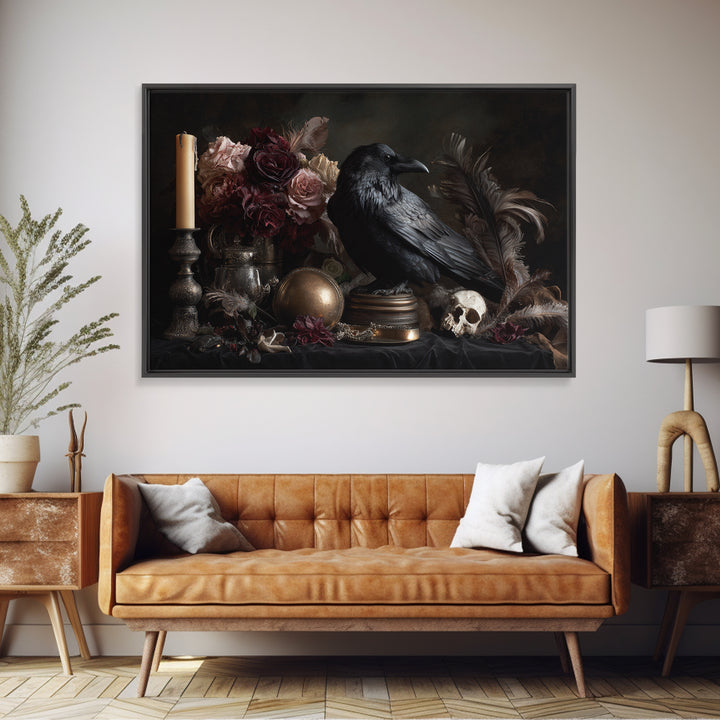 Raven Feathers Arranged Like a Halo Framed Canvas Print, Gothic Art, Printable Art, Living Room Decor, Oil Painting, Gothic, GOT-3x2-50