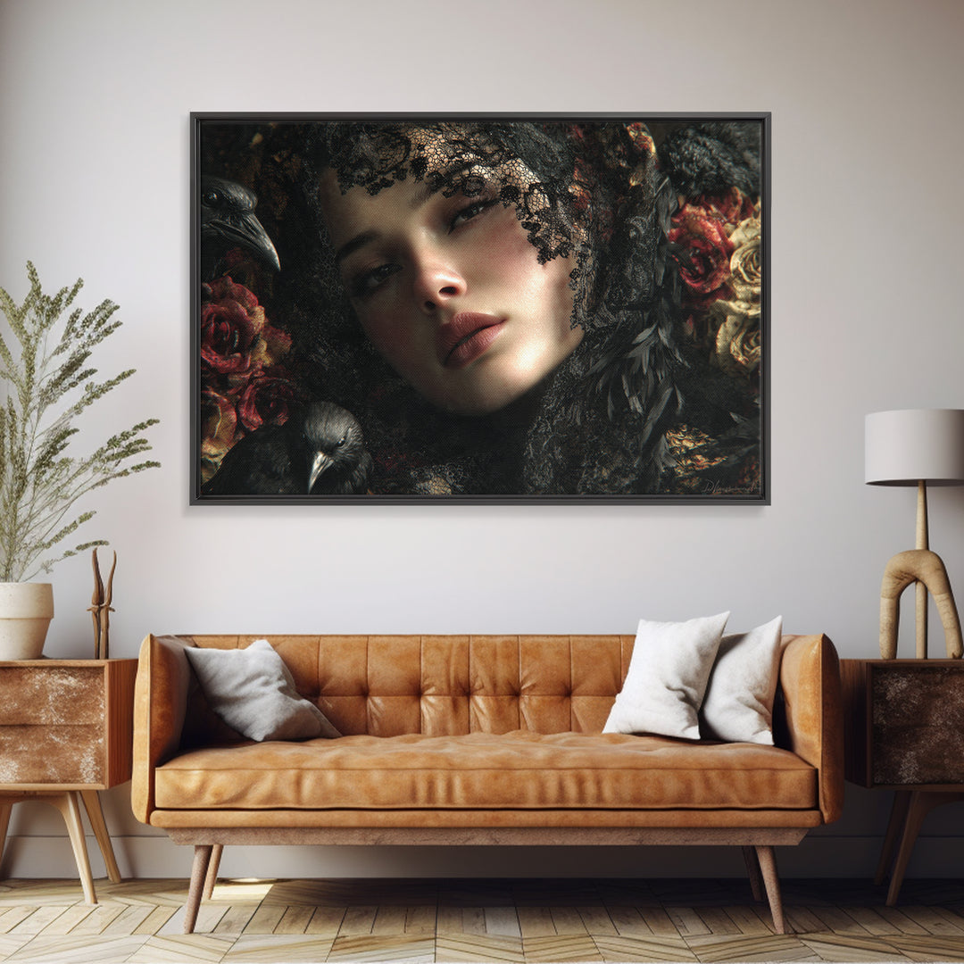 Melancholy Woman Portrait Canvas Print, Gothic Art, Black and White Art, Living Room Decor, Oil Painting, Gothic, GOT-3x2-56