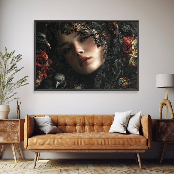 Melancholy Woman Portrait Canvas Print, Gothic Art, Black and White Art, Living Room Decor, Oil Painting, Gothic, GOT-3x2-56