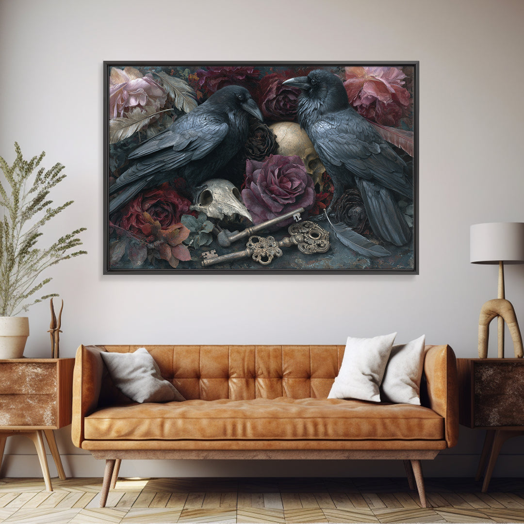 Crow Feathers and Antique Key Still Life Framed Canvas Print, Gothic Art, Gallery Decor, Living Room Decor, Abstract Art, GOT-3x2-64