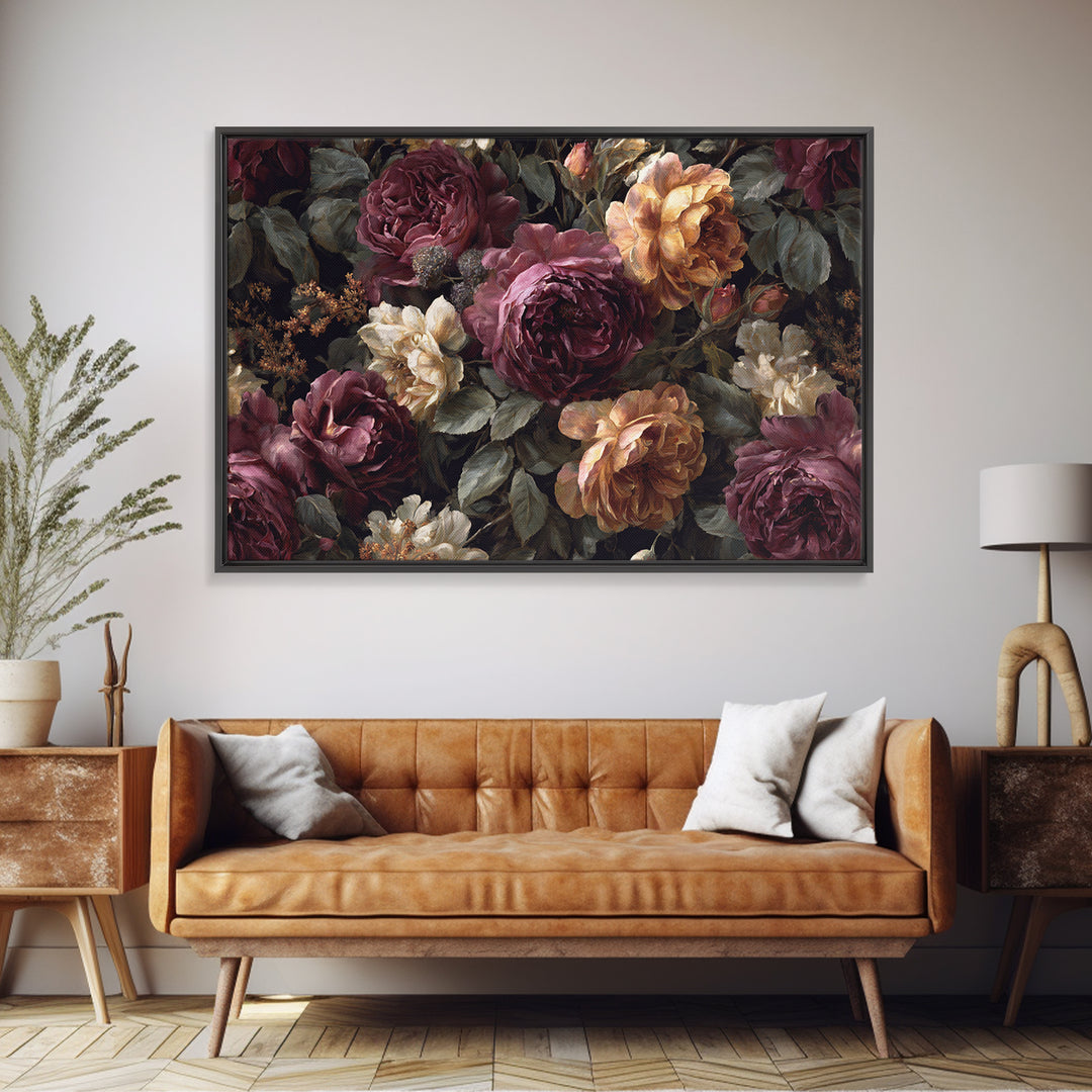Dark Floral Wallpaper Pattern Framed Canvas Print, Gothic Art, Canvas Painting, Living Room Decor, Gothic, Fine Art Print, GOT-3x2-65