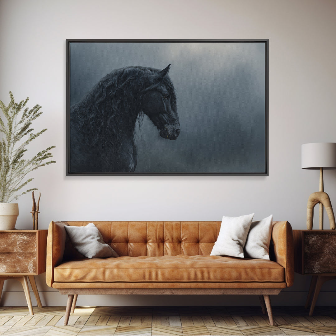 Black Horse with Flowing Mane in Fog Framed Canvas Print, Gothic Art, Gothic Wallpaper, Living Room Decor, Fine Art, Gothic, GOT-3x2-69