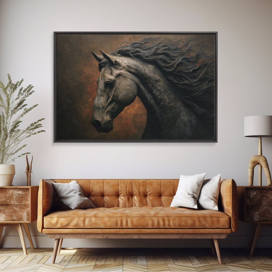 Black Horse with Flowing Mane in Fog Canvas Print, Gothic Art, Black and White Art, Living Room Decor, Fine Art, Gothic, GOT-3x2-93