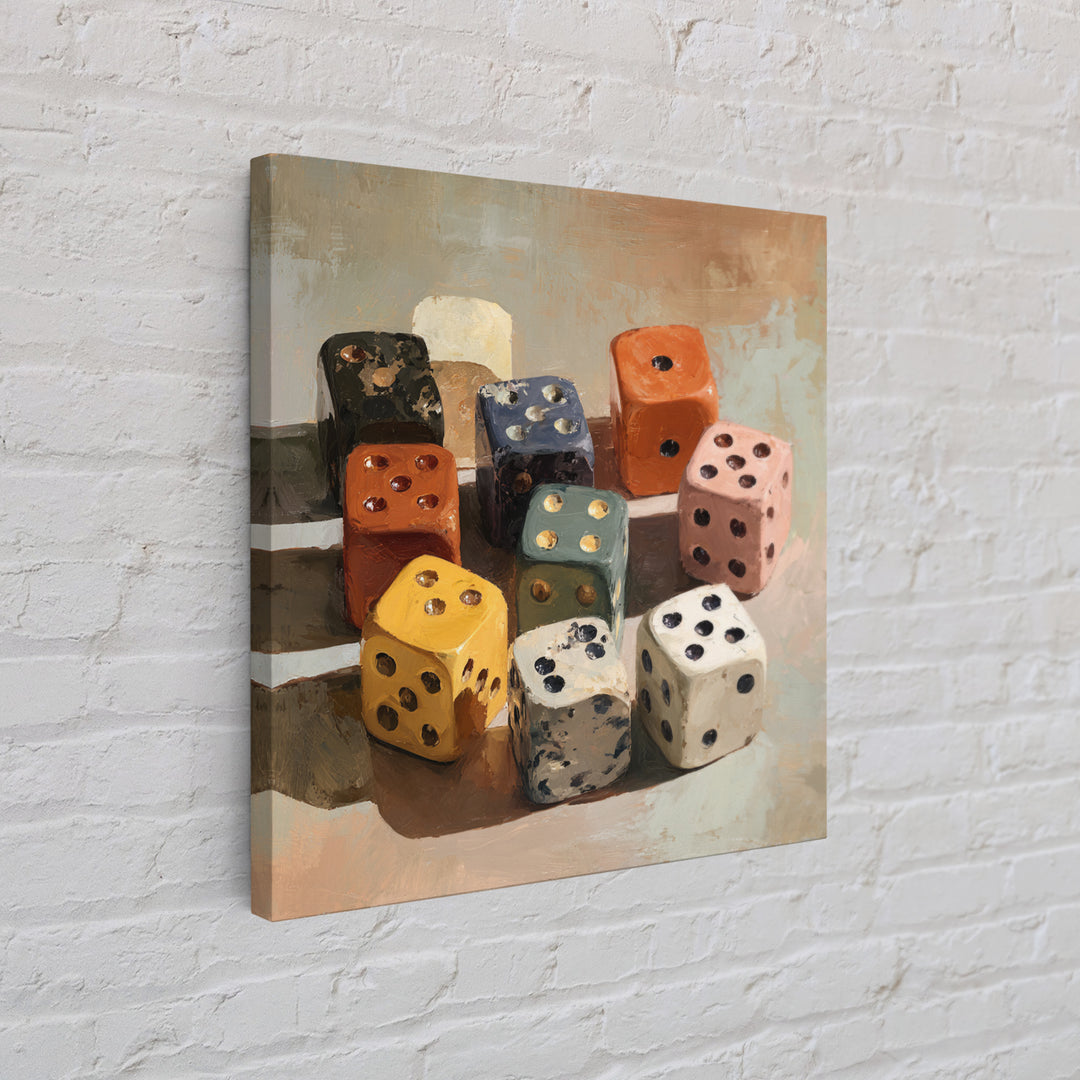 Tabletop Dice Rolling Through Dramatic Light Framed Canvas Print, Game Room Art, Gallery Decor, Game Room Decor, Fine Art, Play, GRA-1x1-41