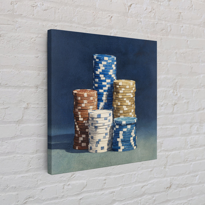 Poker Chips Stacked Like Casino Still Life Canvas Print, Game Room Art, Kids Room Wall Art, Game Room Decor, Watercolor Art, GRA-1x1-55