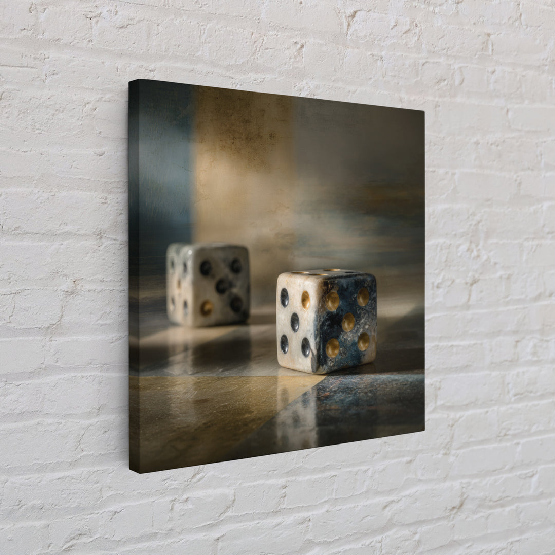 Tabletop Dice Rolling Through Dramatic Light Framed Canvas Print, Game Room Art, Gallery Decor, Game Room Decor, Fine Art, Play, GRA-1x1-65