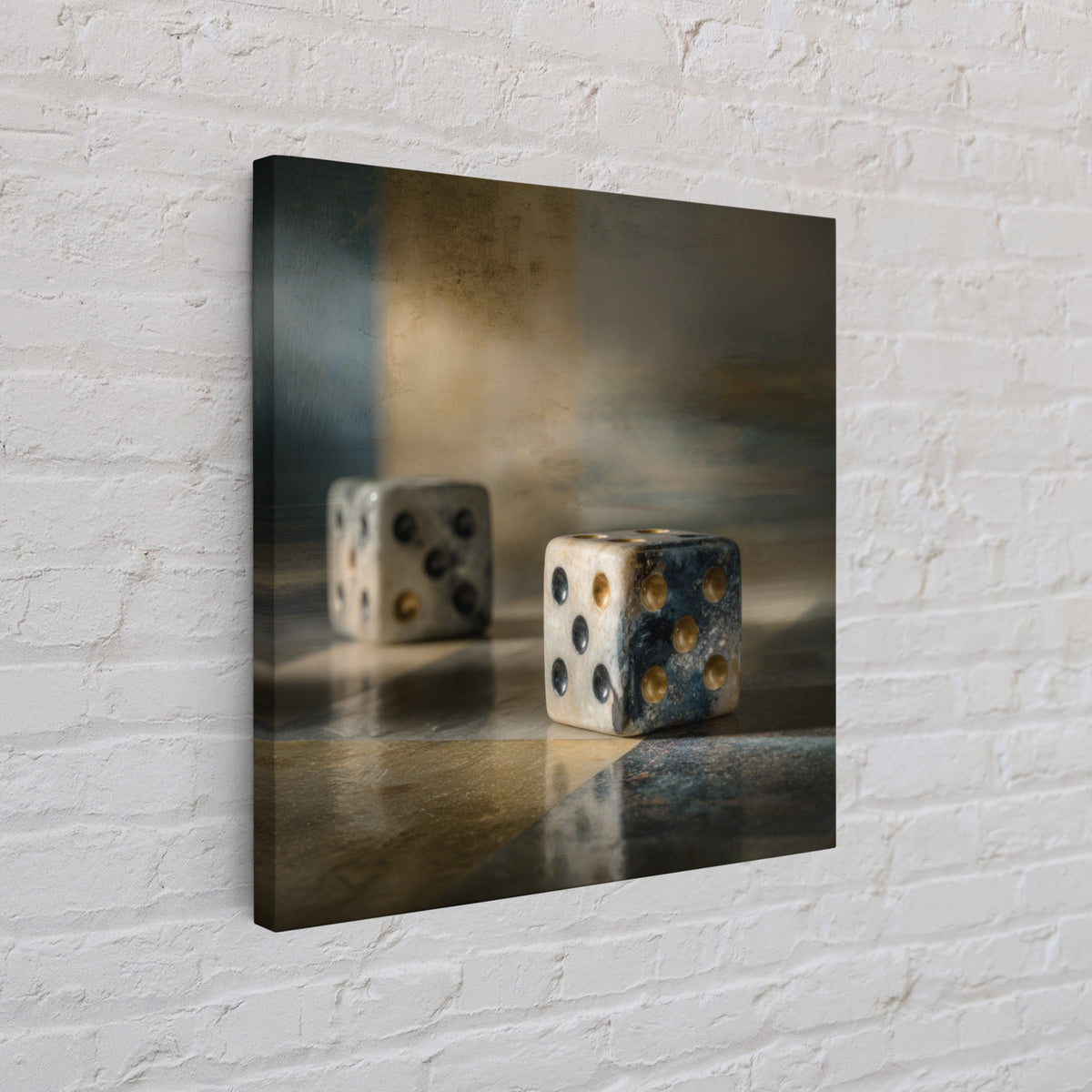 Tabletop Dice Rolling Through Dramatic Light Framed Canvas Print, Game Room Art, Gallery Decor, Game Room Decor, Fine Art, Play, GRA-1x1-65