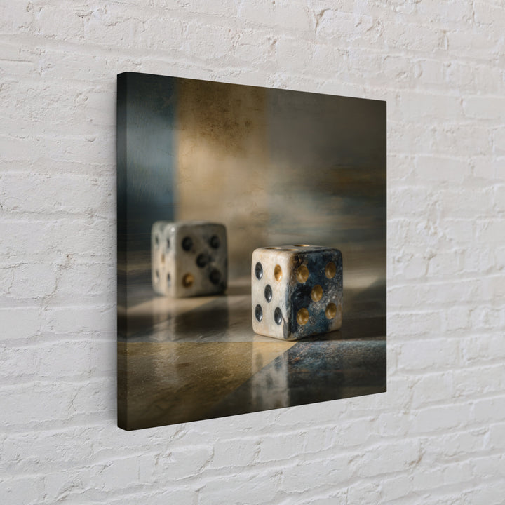 Tabletop Dice Rolling Through Dramatic Light Framed Canvas Print, Game Room Art, Gallery Decor, Game Room Decor, Fine Art, Play, GRA-1x1-65