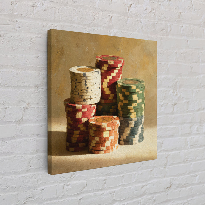 Poker Chips Stacked Like Casino Still Life Framed Canvas Print, Game Room Art, Modern Wall Art, Game Room Decor, Fine Art, Play, GRA-1x1-7