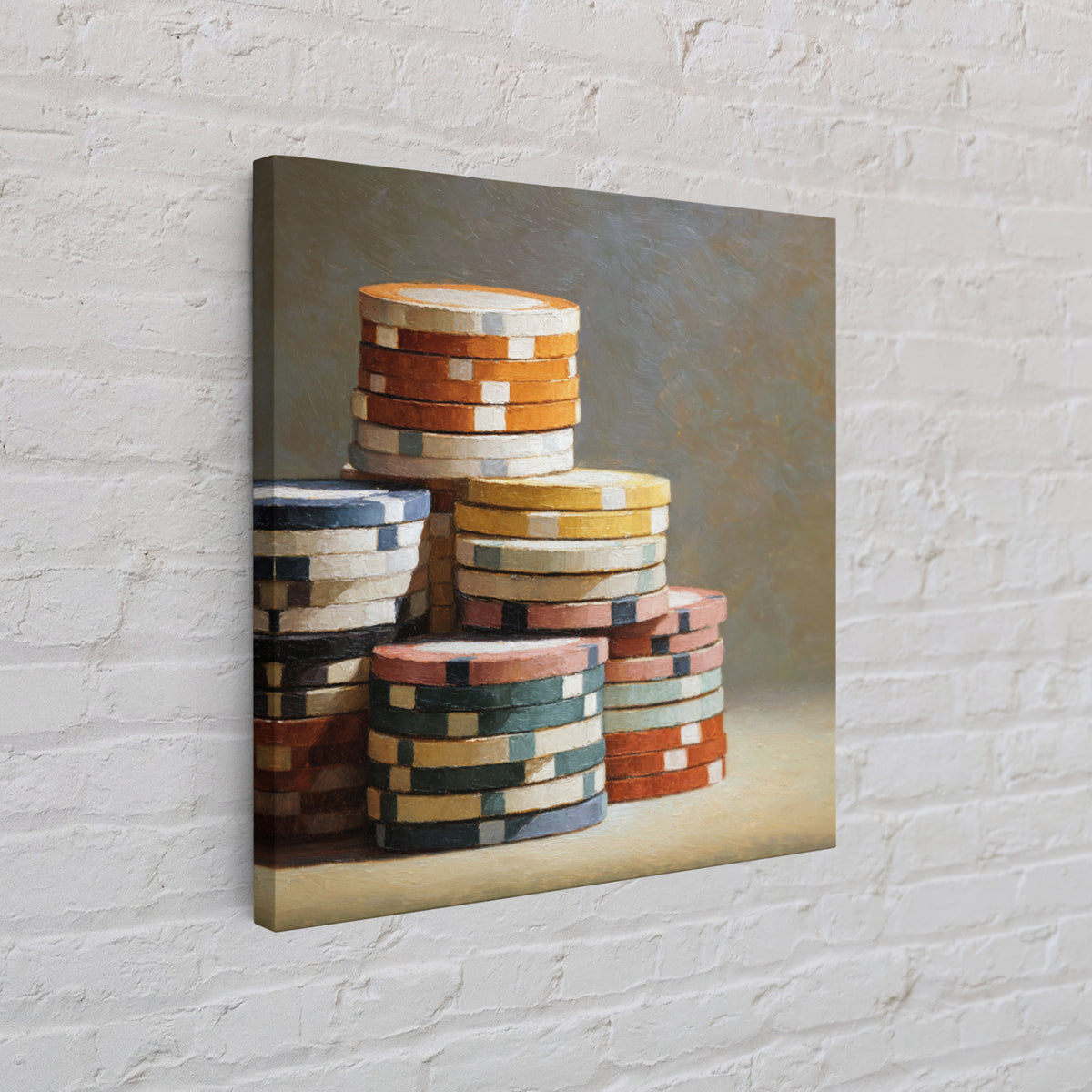 Poker Chips Stacked Like Casino Still Life Framed Canvas Print, Game Room Art, Fine Art Print, Game Room Decor, Oil Painting, GRA-1x1-79