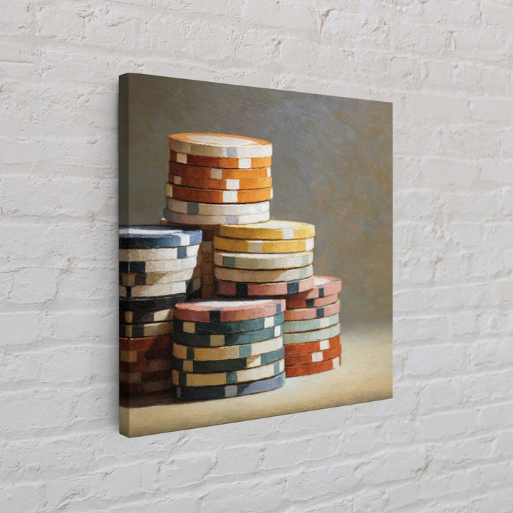 Poker Chips Stacked Like Casino Still Life Framed Canvas Print, Game Room Art, Fine Art Print, Game Room Decor, Oil Painting, GRA-1x1-79