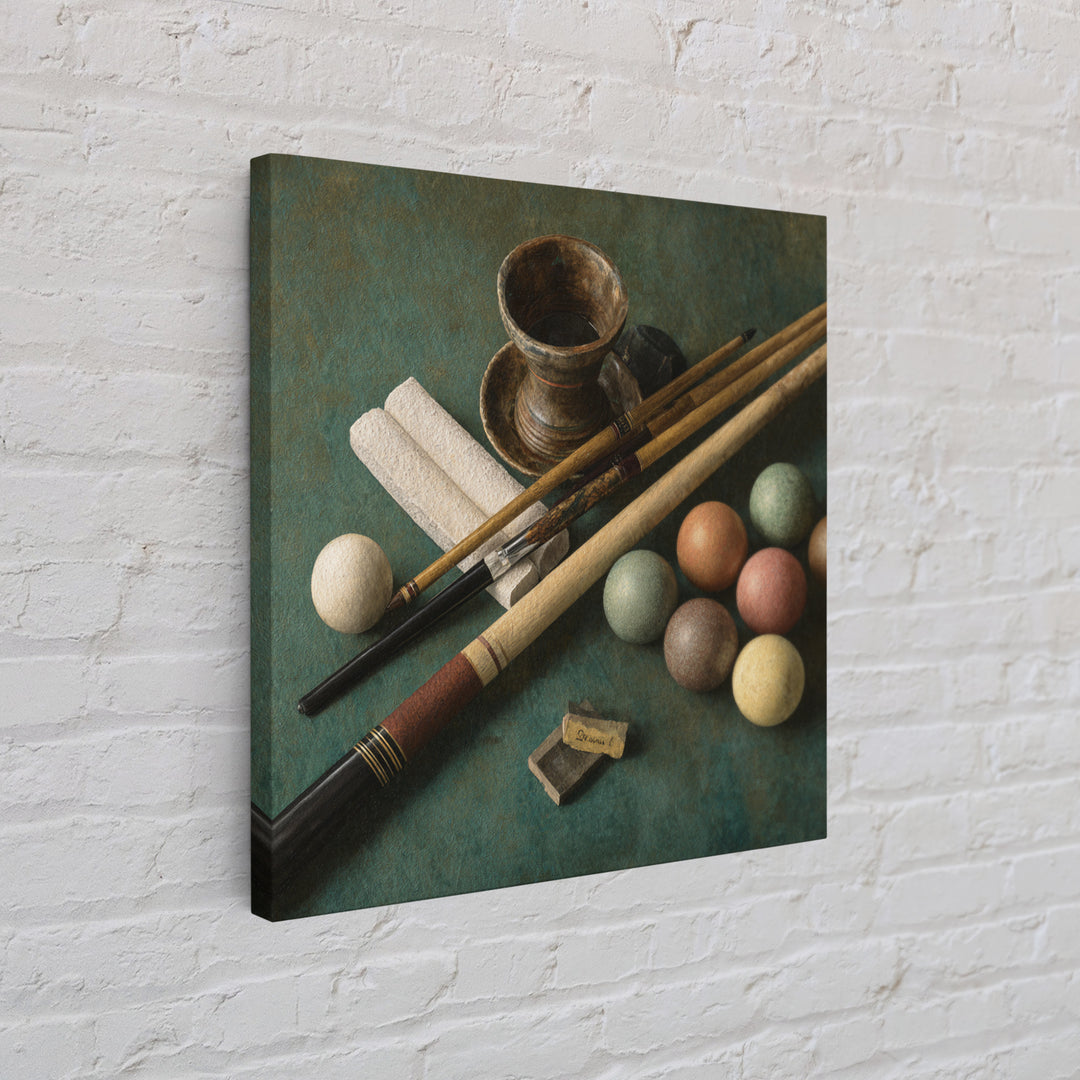 Pool Cue and Chalk on Green Felt Canvas Print, Game Room Art, Neutral Decor, Game Room Decor, Oil Painting, Play, Wall Art, GRA-1x1-82