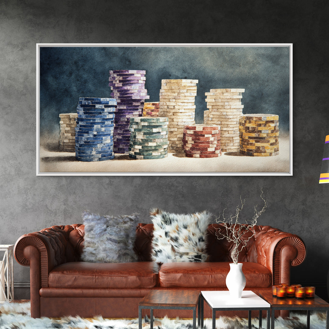 Poker Chips Stacked Like Casino Still Life Framed Canvas Print, Game Room Art, Fine Art Print, Game Room Decor, Oil Painting, GRA-2x1-27