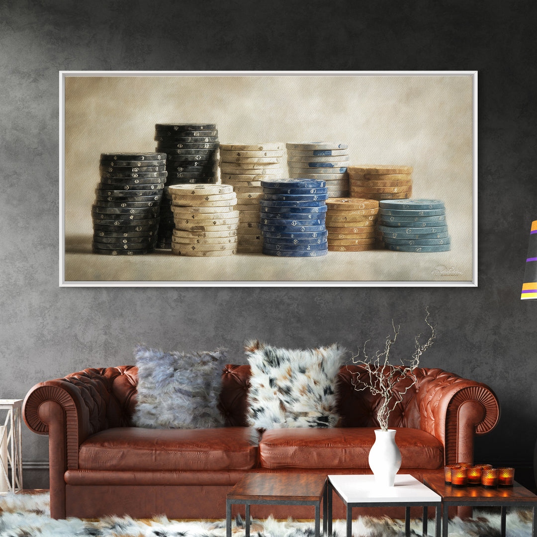 Poker Chips Stacked Like Casino Still Life Framed Canvas Print, Game Room Art, Modern Wall Art, Game Room Decor, Fine Art, Play, GRA-2x1-3