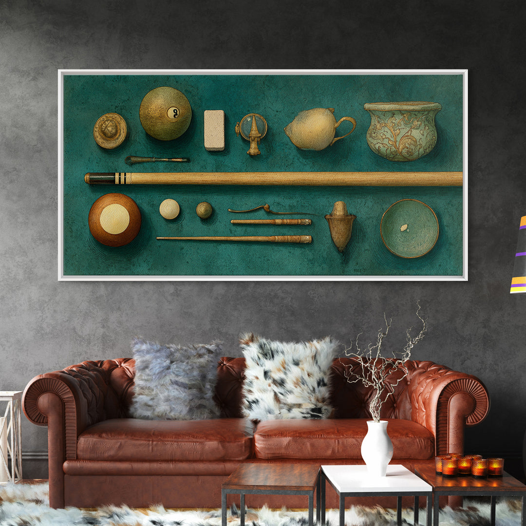 Pool Cue and Chalk on Green Felt Framed Canvas Print, Game Room Art, Luxury Decor, Game Room Decor, Play, Canvas Wall Art, GRA-2x1-30