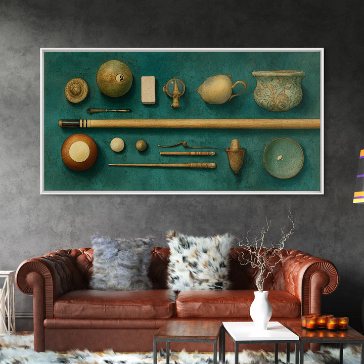 Pool Cue and Chalk on Green Felt Framed Canvas Print, Game Room Art, Luxury Decor, Game Room Decor, Play, Canvas Wall Art, GRA-2x1-30