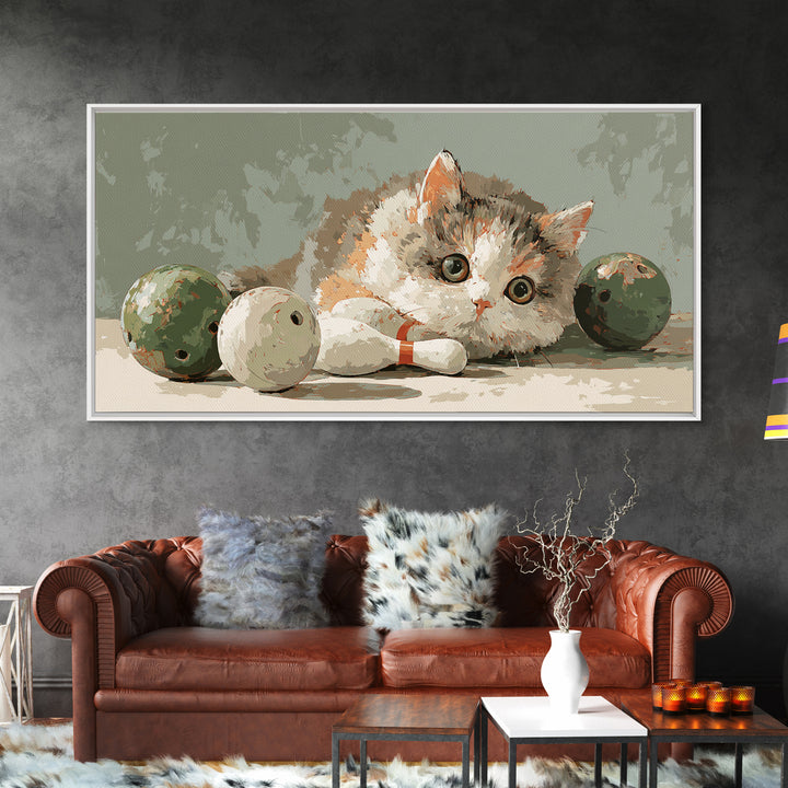 Bowling Ball and Pins Framed Canvas Print, Game Room Art, Art Print, Game Room Decor, Fine Art, Play, Canvas Art, Black Art, GRA-2x1-34