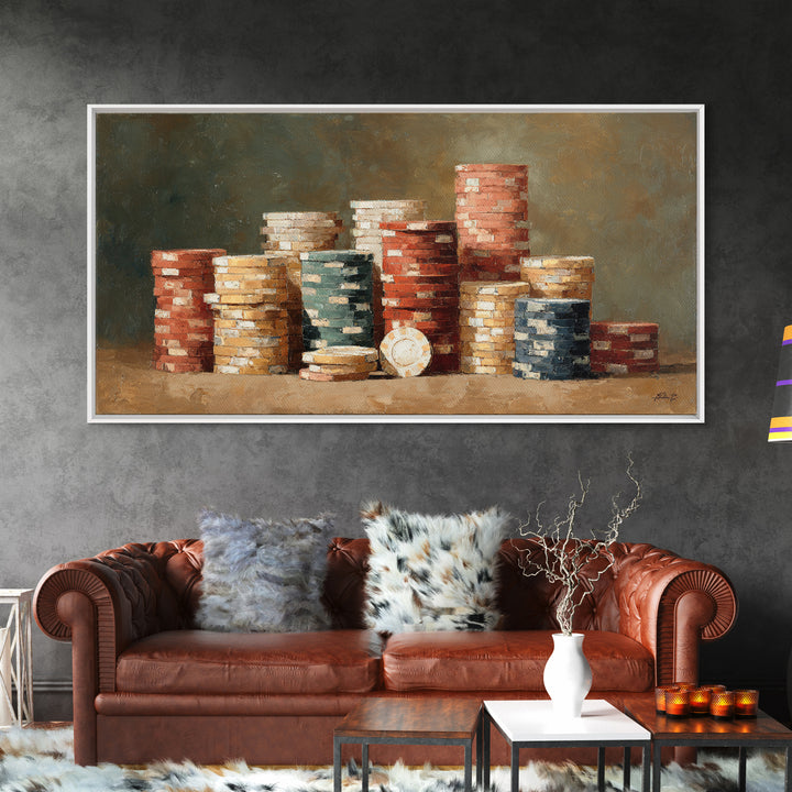 Poker Chips Stacked Like Casino Still Life Framed Canvas Print, Game Room Art, Bedroom Wall Art, Game Room Decor, GRA-2x1-51