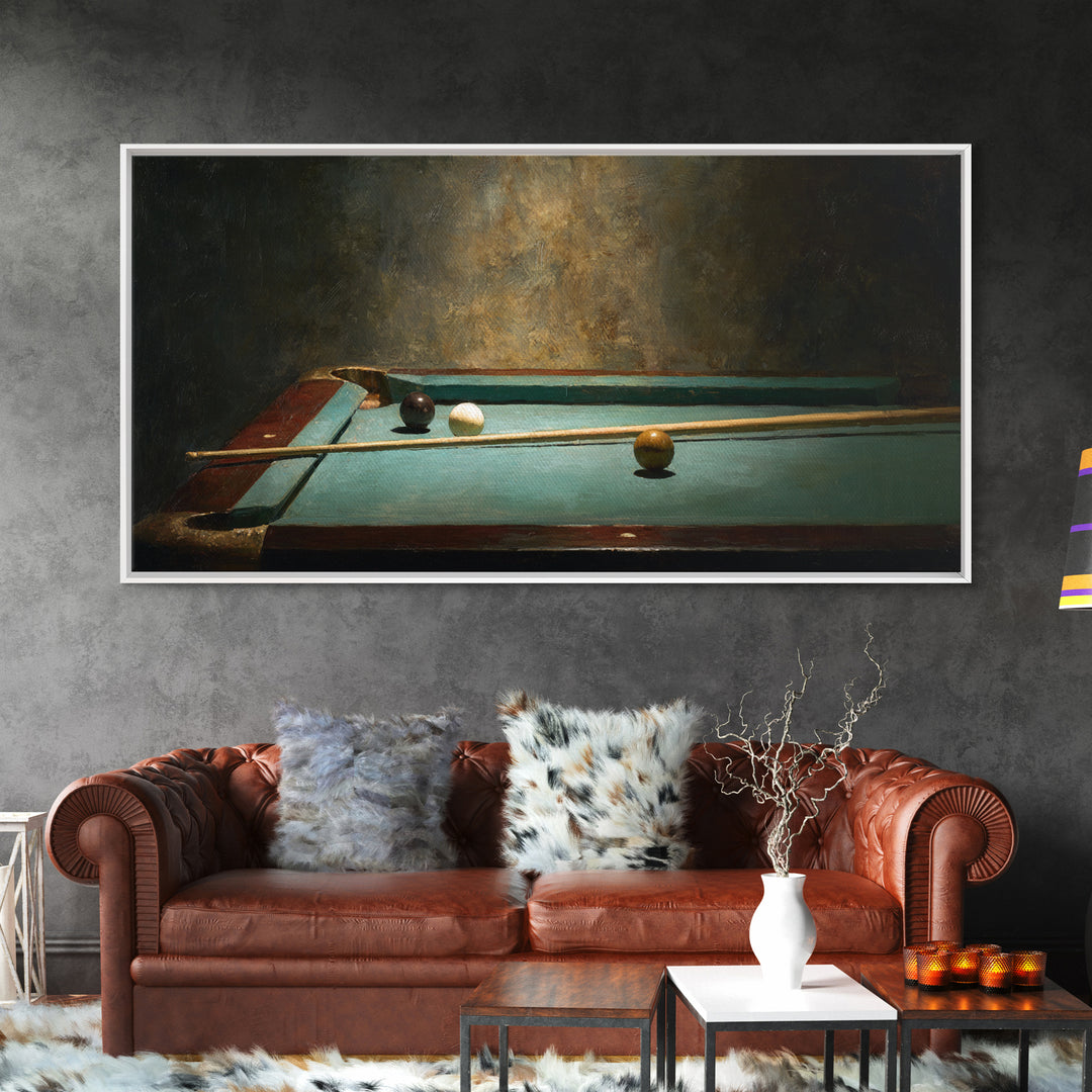 Pool Cue and Chalk on Green Felt Framed Canvas Print, Game Room Art, Luxury Decor, Game Room Decor, Play, Canvas Wall Art, GRA-2x1-6