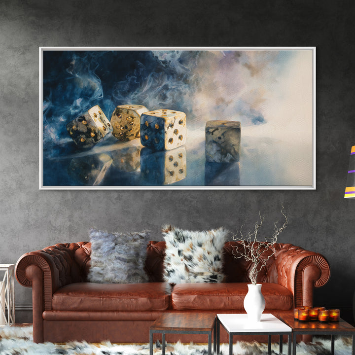 Tabletop Dice Rolling Through Dramatic Light Canvas Print, Game Room Art, Classroom Decor, Game Room Decor, Fine Art, Play, GRA-2x1-61