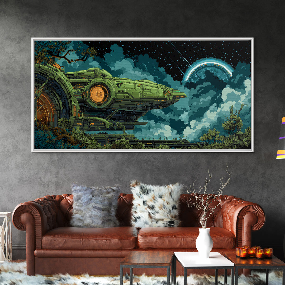 Arcade Spaceship Pixel Art Scene Canvas Print, Game Room Art, African American Art, Game Room Decor, Play, Kids Room Wall Art, GRA-2x1-63