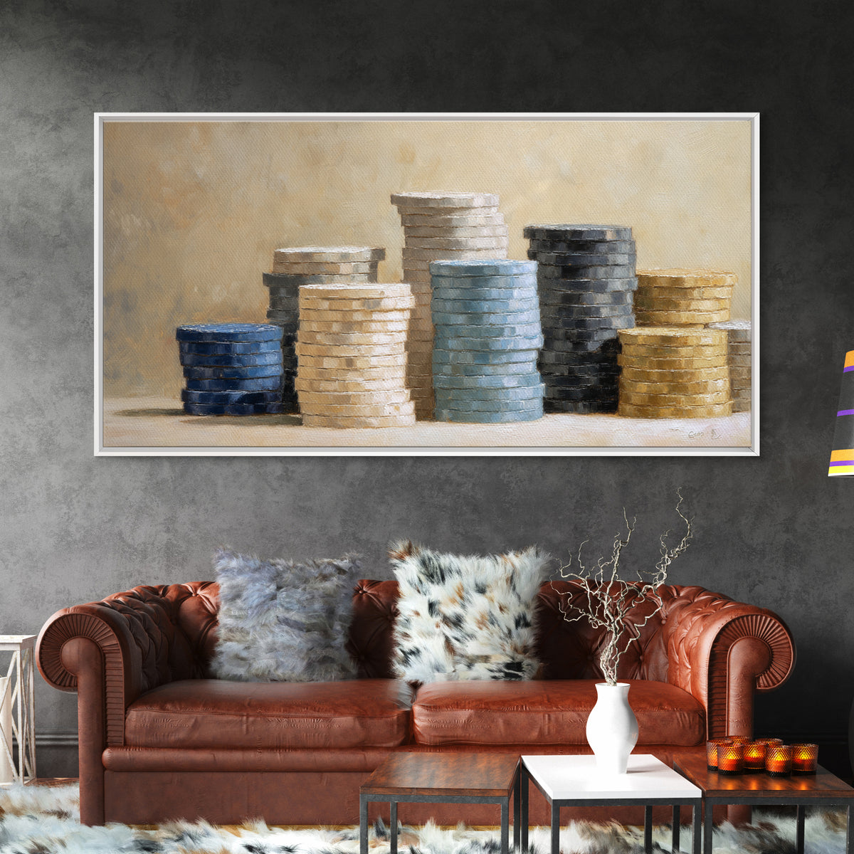 Poker Chips Stacked Like Casino Still Life Framed Canvas Print, Game Room Art, Boho Decor, Game Room Decor, Fine Art, Play, GRA-2x1-75