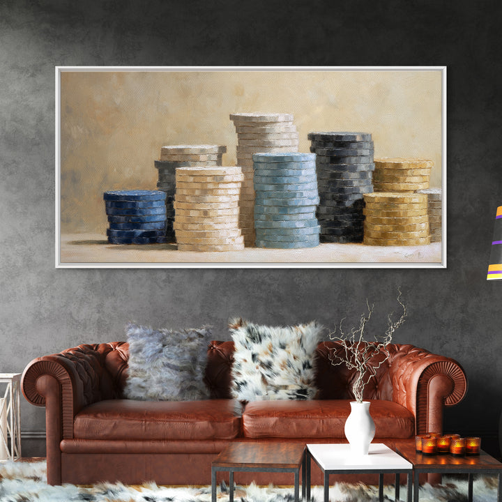 Poker Chips Stacked Like Casino Still Life Framed Canvas Print, Game Room Art, Boho Decor, Game Room Decor, Fine Art, Play, GRA-2x1-75