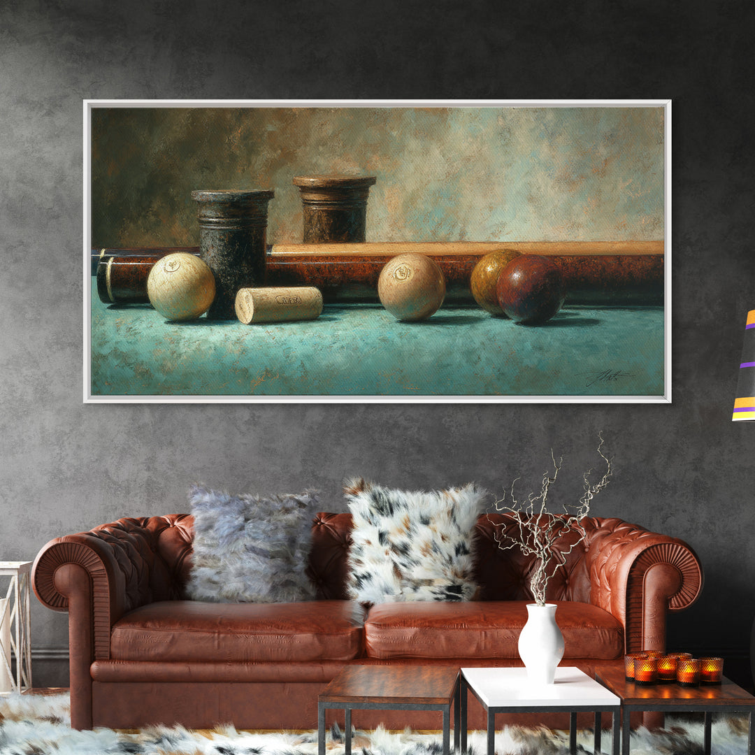 Pool Cue and Chalk on Green Felt Canvas Print, Game Room Art, Contemporary Art, Game Room Decor, Play, Bedroom Wall Art, GRA-2x1-78