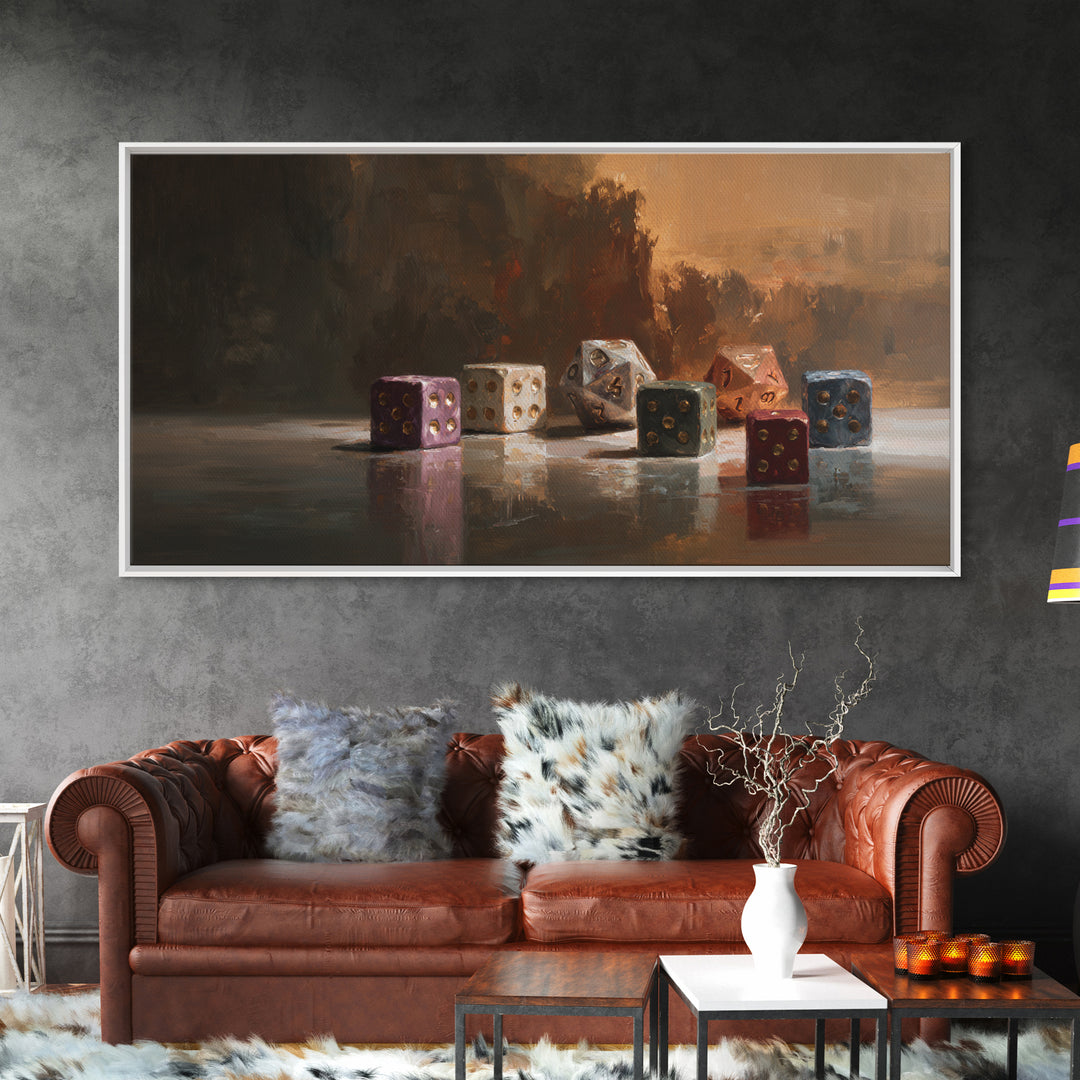 Tabletop Dice Rolling Through Dramatic Light Framed Canvas Print, Game Room Art, Living Room Decor, Game Room Decor, Play, GRA-2x1-85